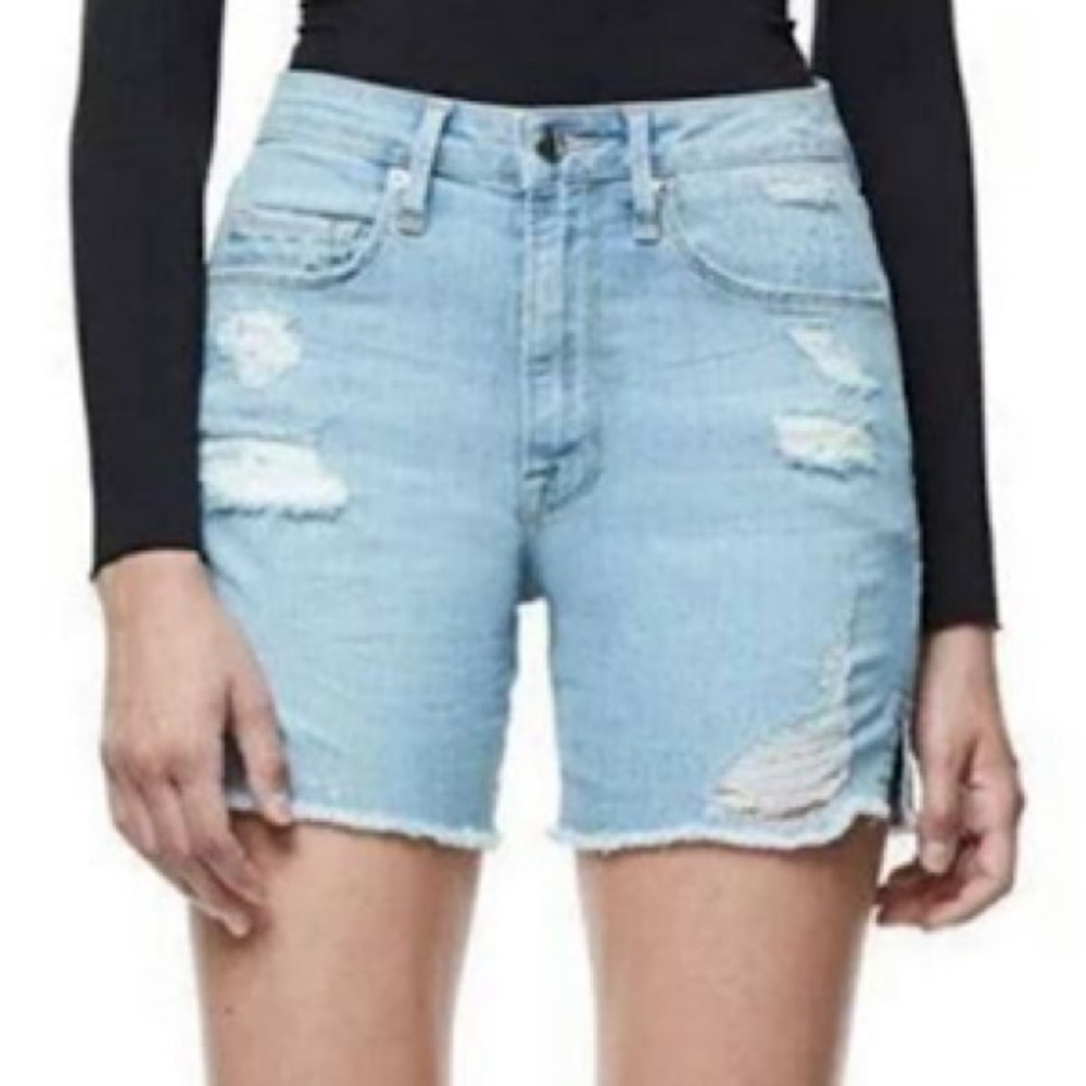 Good American Light Blue Distressed High-Rise Denim Shorts